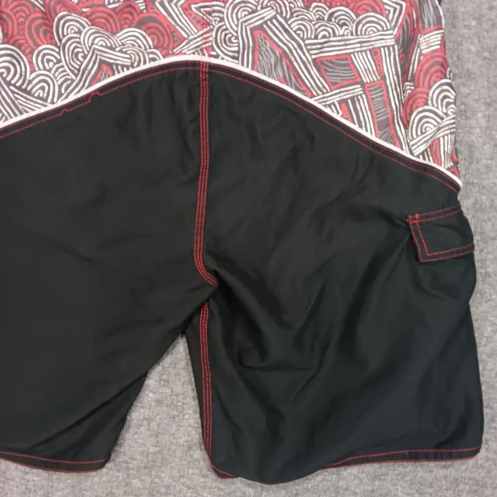 OP Swim Trunks Shorts Mens 38 Black Red Board Shorts Tribal Print Surf Beachwear